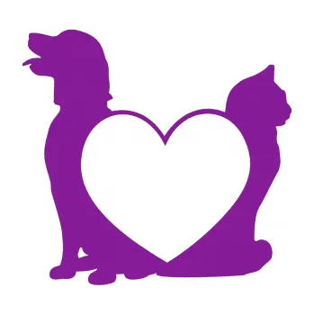 Polep vozidla SAMOLEPKA Pejsek a kočička love levá (14 - fialová) NA AUTO, NÁLEPKA, FÓLIE, POLEP, TUNING, VLASTNÍ TEXT, TISK, AUTOSAMOLEPKY.cz, POLEPY, OBRÁZEK, LOGO, SAMOLEPKY