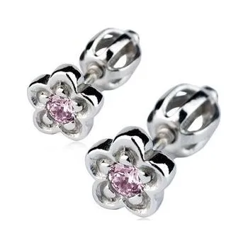 Náušnice Stříbrné náušnice - kytičky, světle růžový zirkon
