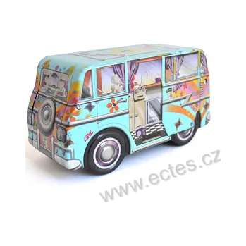 Dóza na potraviny MINIBUS HIPPIE retro plechová dóza malý světle modrý karavan s kytičkami a "love & peace"