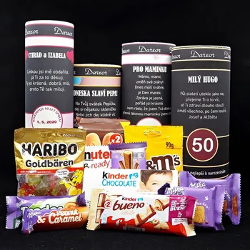 Dárkový potravinový koš Sladkosti – dárkové balení s potiskem na přání