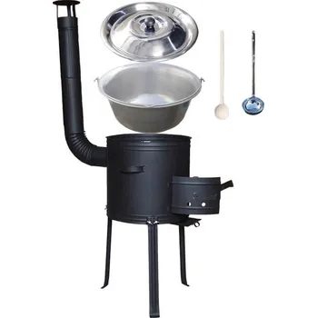 Kempingové nádobí Nerezový kotlík 15 L (1,5 mm) + kovová kotlina s vysokými nožičkami 36 cm + žáruvzdorná barva Plus 700 + poklice, vařečka a naběračka