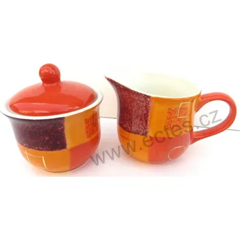 Cukřenka ChaCult PATRICIA keramická cukřenka a mléčenka červená a oranžová pole se zlatými geometrickými útvary 200ml+250ml