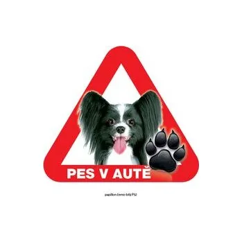 Značení Grel nálepka na plech pozor pes v autě papillon černo-bilý