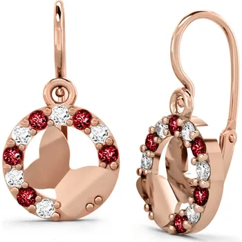 Náušnice Dětské náušnice z růžového zlata - motýlci s červenými a čirými zirkony