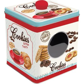 Dóza na potraviny Easy Life COOKIES plechová dóza barel na bonbóny 092 sušenky, červený šálek a croissant
