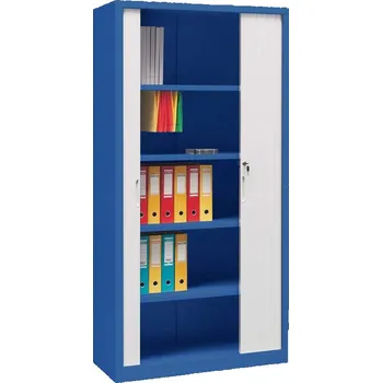 Kovová skříň s žaluziovými dveřmi, v x š x h: 1990 x 1000 x 435 mm, barva korpusu modrá RAL5010, žaluzie šedé