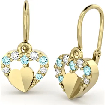 Náušnice Dětské náušnice ze žlutého zlata - srdíčka s modrými a čirými zirkony a srdíčkem