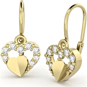 Náušnice Dětské náušnice ze žlutého zlata - srdíčka s čirými zirkony a srdíčkem