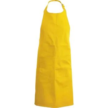 Kuchyňská zástěra Dlouhá žlutá zástěra s laclem, sponou a 2 zaoblenými kapsami