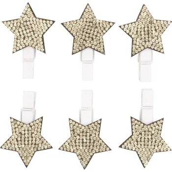 Vánoce Hvězda dřevěná na kolíčku se zlatými kamínky 3 cm 6 kusů