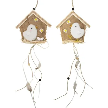 Domeček jutový s bílým kuřátkem 14 cm na zavěšení 1 kus