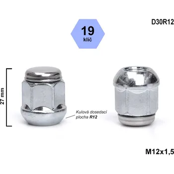 Matice na kolo Kolová matice M12x1,5 koule R12, zavřená, originál Honda, klíč 19 , D30R12, výška 27 mm