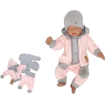 Kojenecká souprava Z&Z 4-dílná pletená soupravička Kabátek, tepláčky, čepička a body Růžová/šedá, vel.56