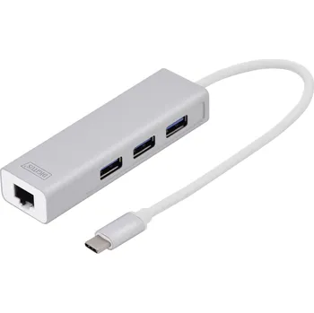 USB hub Digitus DA-70255 3 plus 1 port USB kombinovaný hub s vestavěnou síťovou přípojkou stříbrná