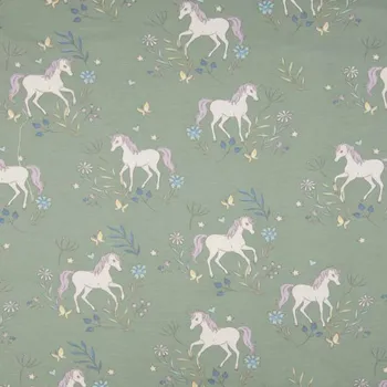 Úplet 21683 zelený, jednorožci na louce, š.155
