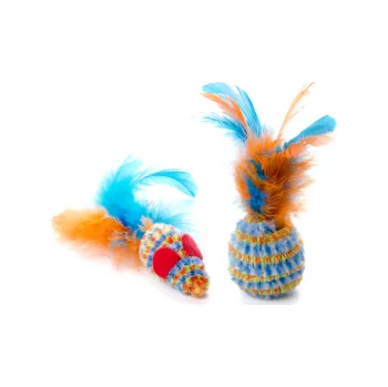 Hračka pro kočku JK plyšový míček a myška s pírkem 10 cm