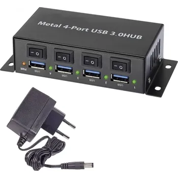 USB hub Renkforce RF-3955362 4 porty USB 3.0 hub kovový ukazatel, lze spínat jednotlivě, pro montáž na zeď černá