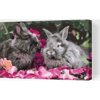 Malování podle čísel - Zajíci mezi květinami Velikost: 40x60cm, Rámování: Pouze srolované plátno