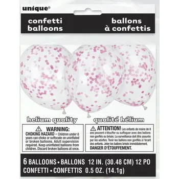 Balónek Unique - 6 balónků s fuchsiově růžovými konfety (30 cm) - Línea -