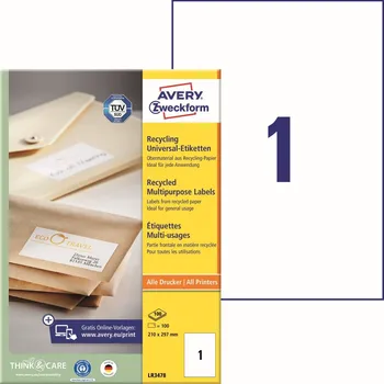 Samolepící etiketa Avery Zweckform LR3478 Recyklované etikety A4 210x297 mm, 100 ks, bílé + online software pro tisk etiket + tisková šablona ke stažení zdarma