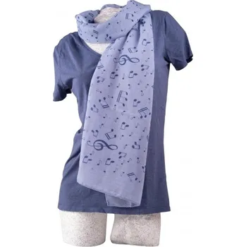 Šála s potiskem velkých not a houslových klíčů modrá barva 70 x 180 cm