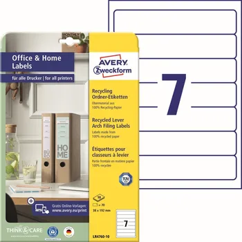 Samolepící etiketa Avery Zweckform LR4760-10 Recyklované etikety na pořadače 38x192 mm, 70 ks, bílé + online software pro tisk etiket + tiskové šablony ke stažení zdarma