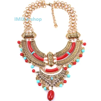 Náhrdelník Kovový Boho filigránový náhrdelník velký zlato-červený