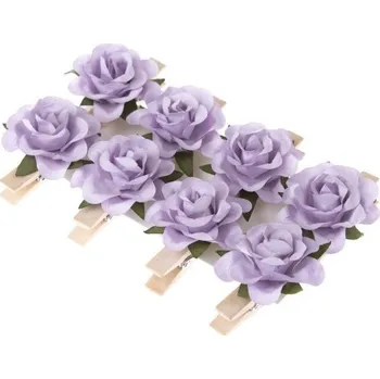 Party dekorace Kolíčky dřevěné s papírovou růžičkou - 8ks - fialové