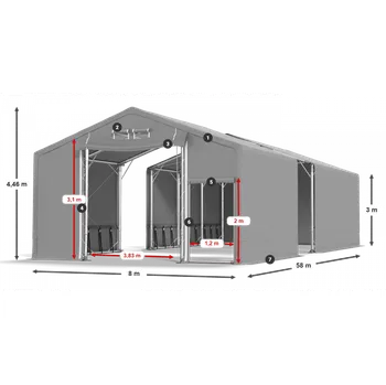 Zahradní stan Skladový stan celoroční 8x58x3m nehořlavá plachta PVC 600g/m2 konstrukce POLÁRNÍ