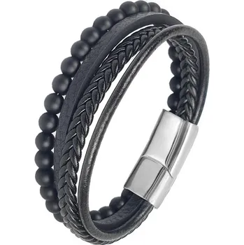 Náramek Joy-sperky Pánský náramek kožený vícevrstvý přírodní matný onyx Barva: stříbrná, Délka: 20,5 cm