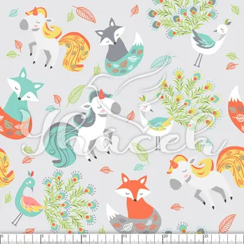 Zakázkový tisk, softshell, kočárkovina... Lišky, jednorožci a pávi na šedé Látky k tisku: Microfirba