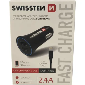 autonabíječka SWISSTEN 2,4A 2xUSB + kabel lightning 1,2m