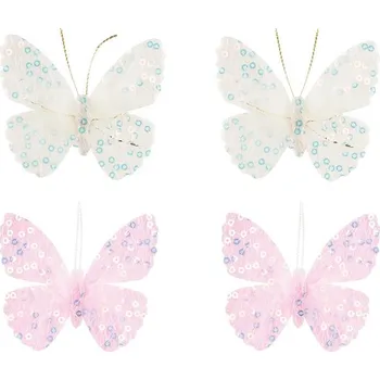 Motýlek s flitry a peřím, s lepíkem 6 cm 17144