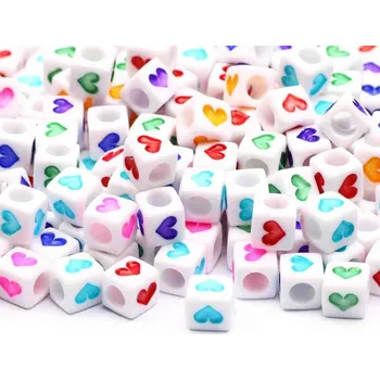 Dětské navlékací korálky Pro Háčkování Korálek bílá kostka se srdíčkem 7 x 7 mm, 20 ks