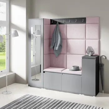 Předsíňová stěna Eka Předsíňová stěna s čalouněnými panely Trinity 28 - Grafit / Světlá růžová 2319