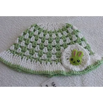 Klobouk Bavlněný háčkovaný klobouček - bílozelená s králíčkem> 52cm