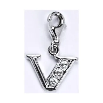 Přívěsek Stříbrný přívěsek na karabině písmeno V - P1106 kar. (Stříbrné písmeno se zirkony s karabinou )