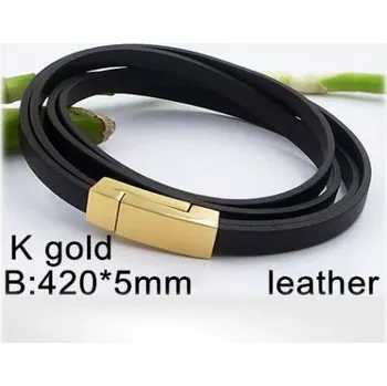 Řetízek Ocelový náramek - Hmotnost: 11.2g, Materiál: kůže, 420x5mm, Zlatá PVD vrstva