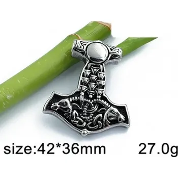 Přívěsek Thorovo kladivo - zdobené symboly - ocelový přívěsek