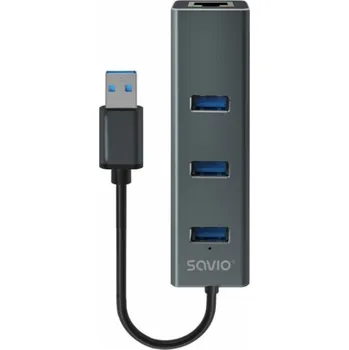 USB hub Savio AK-57 USB-A - 3 x USB-A HUB with RJ-45 Gigabit Ethernet adapter 5000 Mbit/s grey