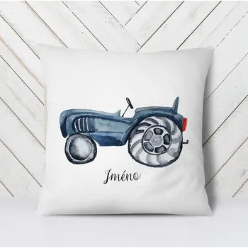 Dekorativní polštářek Domovi Bílý polštář s vlastním jménem a modrým traktorem 40x40