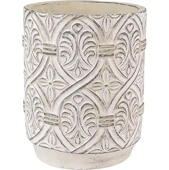 Květináč Šedý antik cementový obal na květináč s ornamentem - Ø 14*18 cm