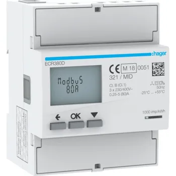 ECR380D Elektroměr digitální 3F, 2 Tarify přímé měření do 80 A, MODBUS výstup, MID, Hager
