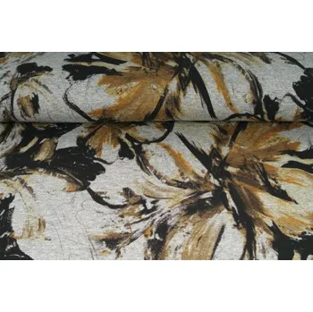 Šatovka, halenkovina , úplet - viskóza, hnědočerné květy na světle šedém podkladu, metráž