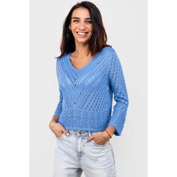 Dámský svetr Hailys dámský háčkovaný svetřík výstřih do V modrý Velikost: XL