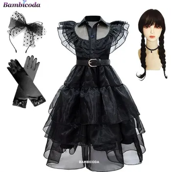 Karnevalový kostým Dětské šaty (kostým) Wednesday Addams řasená sukně (C1) Varianta: šaty + rukavice + čelenka + paruka, Velikost: 130 (6-7 let)