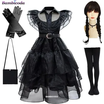 Karnevalový kostým Dětské šaty (kostým) Wednesday Addams řasená sukně (D1) Varianta: šaty + paruka + rukavice + kabelka + podkolenky, Velikost: 140 (7-8 let)