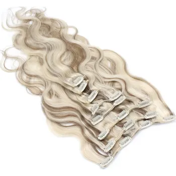 Příčesek Clip in vlasy vlnité 100% lidské REMY 50cm - platina/světle hnědá