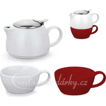 Konvice na čaj Čajový set 1 Bílá keramická konvička s 1 červeným a 1 bílým šálkem a sítkem na sypaný čaj 2 v 1