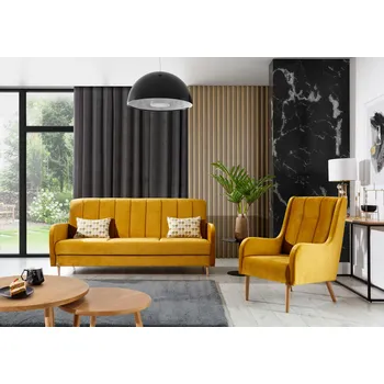 Obývací stěna Rozkládací sedací souprava Loretto s čalouněnými zády z bukového dřeva, 3R+1